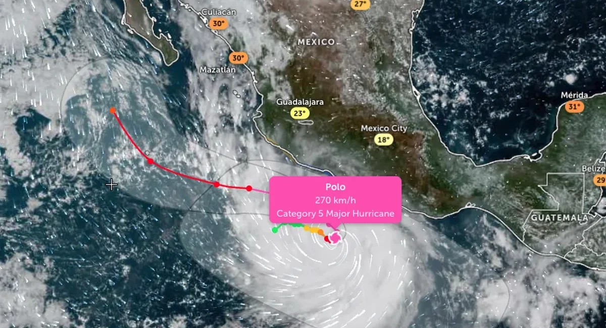 Satellite map of Pacific storm Polo near Mexico with a pink label: 270 km/h, Category 5 hurricane Mk growing near southwestern coast of Mexico and its spiral bands over the sea.