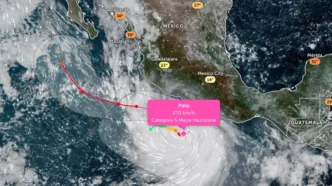 Satellite map of Pacific storm Polo near Mexico with a pink label: 270 km/h, Category 5 hurricane Mk growing near southwestern coast of Mexico and its spiral bands over the sea.