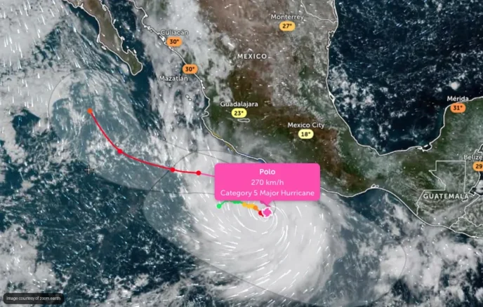 Satellite map of Pacific storm Polo near Mexico with a pink label: 270 km/h, Category 5 hurricane Mk growing near southwestern coast of Mexico and its spiral bands over the sea.