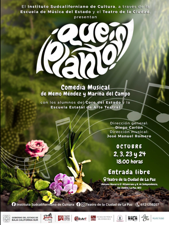 Poster promocional de una comedia musical con título decorativo en blanco, flores y notas musicales; anuncia la obra de Memo Méndez y Marina del Campo, fechas Oct 2, 3, 23 y 24 a las 18:00, entrada libre en el Teatro de la Ciudad de La Paz.