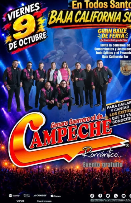 Promotional poster for a free romantic concert in Baja California Sur: a group of performers in black outfits with pink accents, large orange 'Campeche' logo, crowd at the bottom, and bold Spanish text showing 'Viernes 9 Octubre' and 'En Todos Santos'