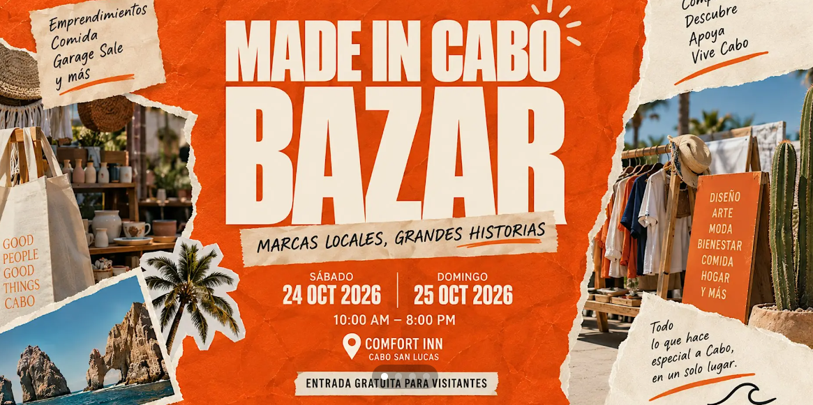Poster for Made in Cabo Bazar with orange torn-paper design, listing Oct 24–25, 2026, 10 AM–8 PM, at Comfort Inn Cabo San Lucas; free admission.