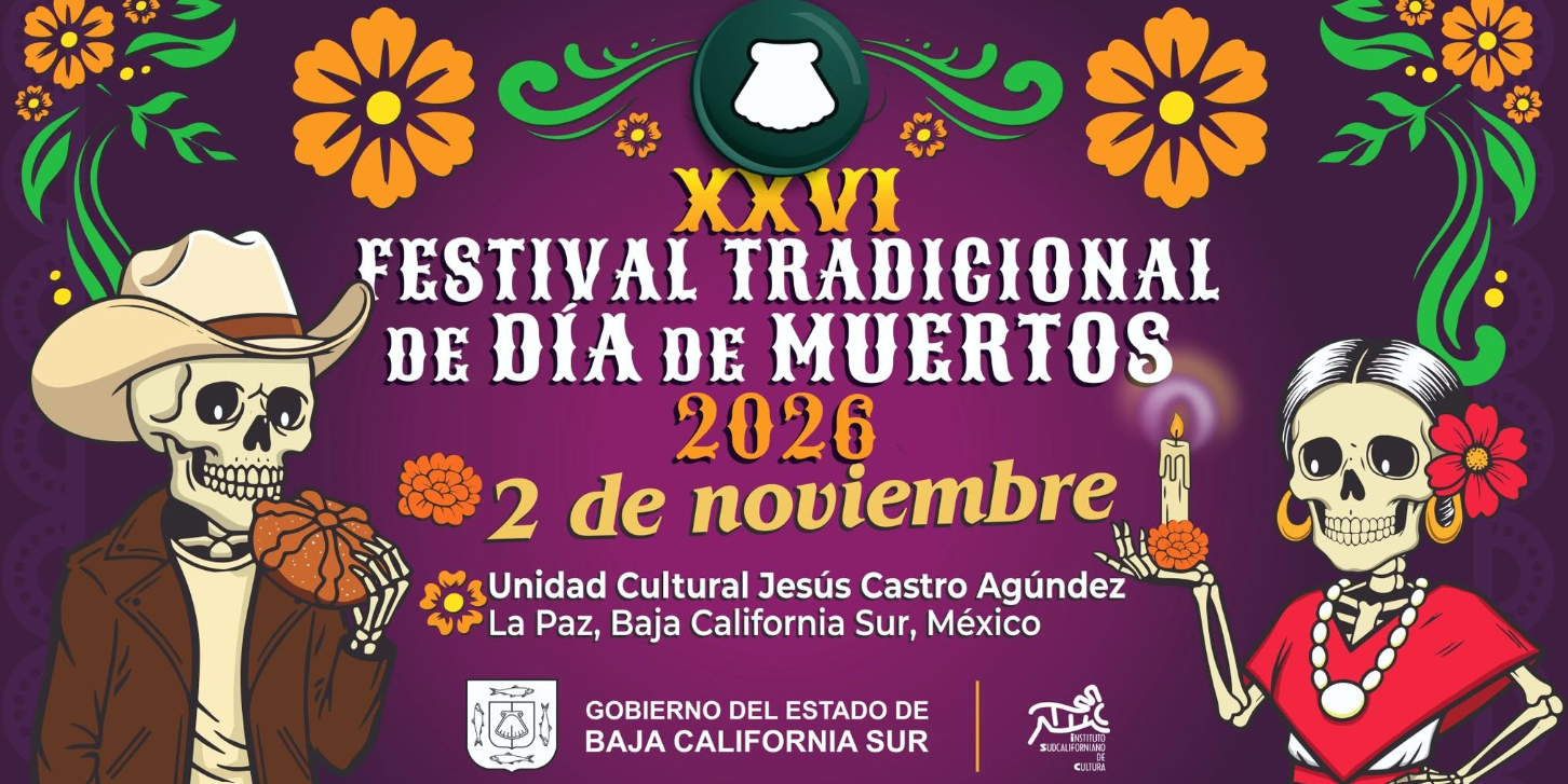 Poster advertising the 26th Día de Muertos festival with skeleton couple in traditional attire and bright orange flowers on a purple backdrop.