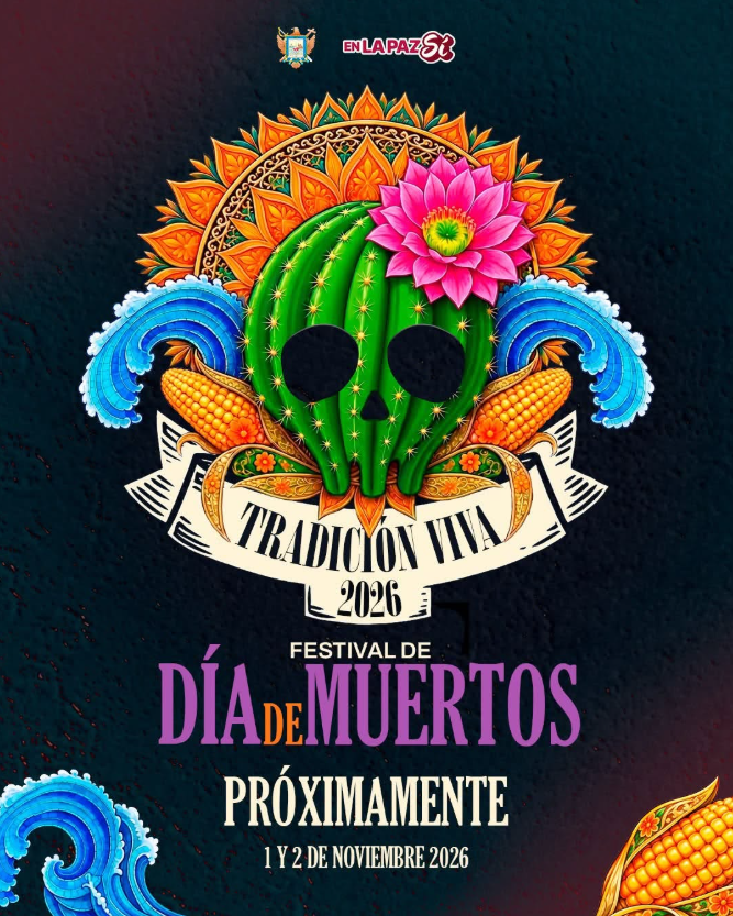 Colorful Día de Muertos festival poster with a green cactus skull, pink flower, corn ears, and a Tradición Viva 2026 banner.
