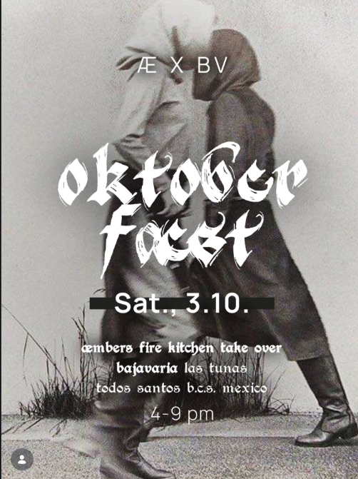 Screenshot 2026-09-30 181509 Monochrome poster of a couple kissing, overlaid with 'oktoberfest' festival branding and event details: Sat 3.10, 4–9 pm, with lineup text beneath.