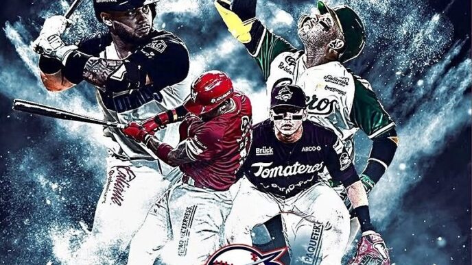 Promotional poster for Baja Series featuring four baseball players in action (batting, pitching, catching), with bold 'AQUÍ SE JUEGA FUERTE' at the top and the Baja Series logo toward the bottom.