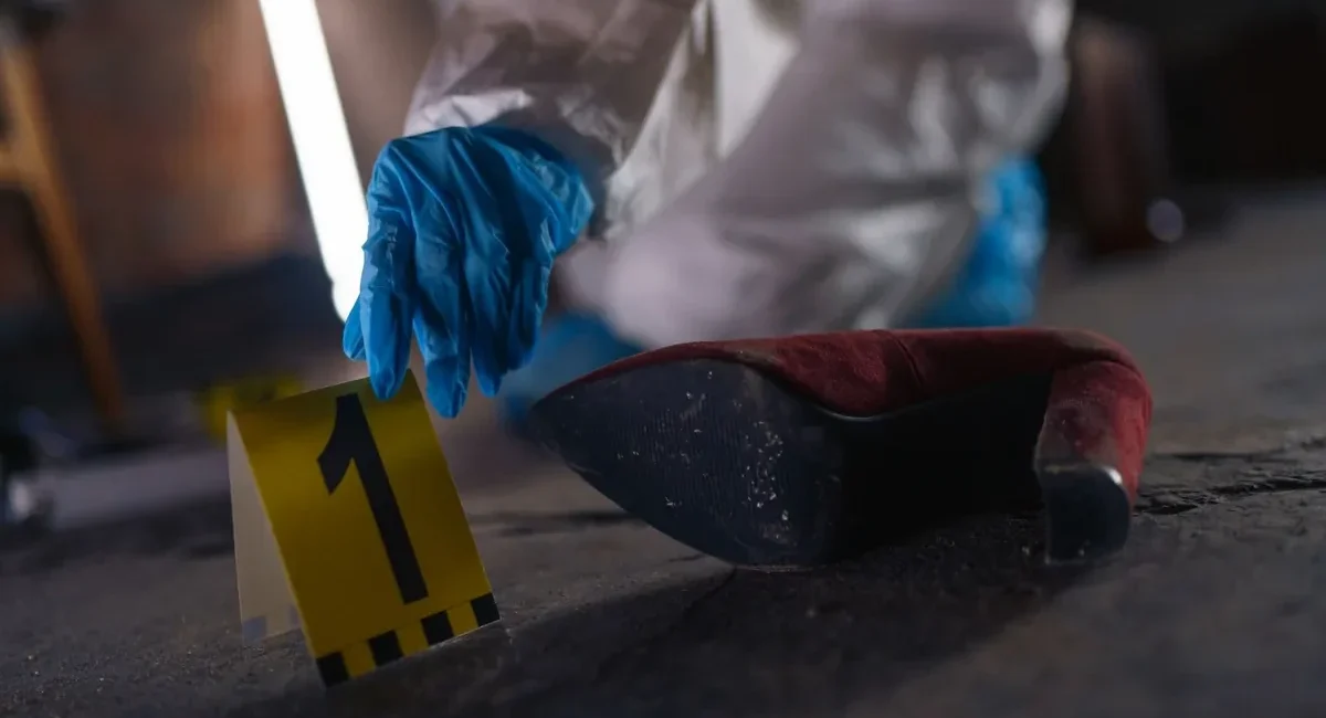Forensic investigator in blue gloves places a yellow evidence marker labeled 1 beside a red high-heeled shoe on a dusty floor.
