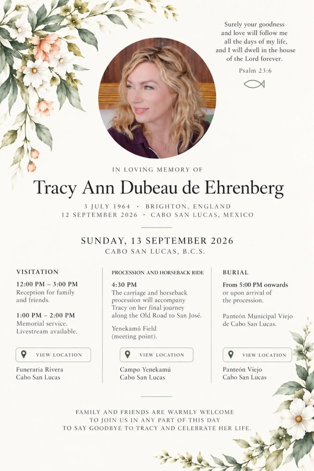Memorial program cover with floral border, circular photo of Tracy and service details for Tracy Ann Dubeau de Ehrenberg.