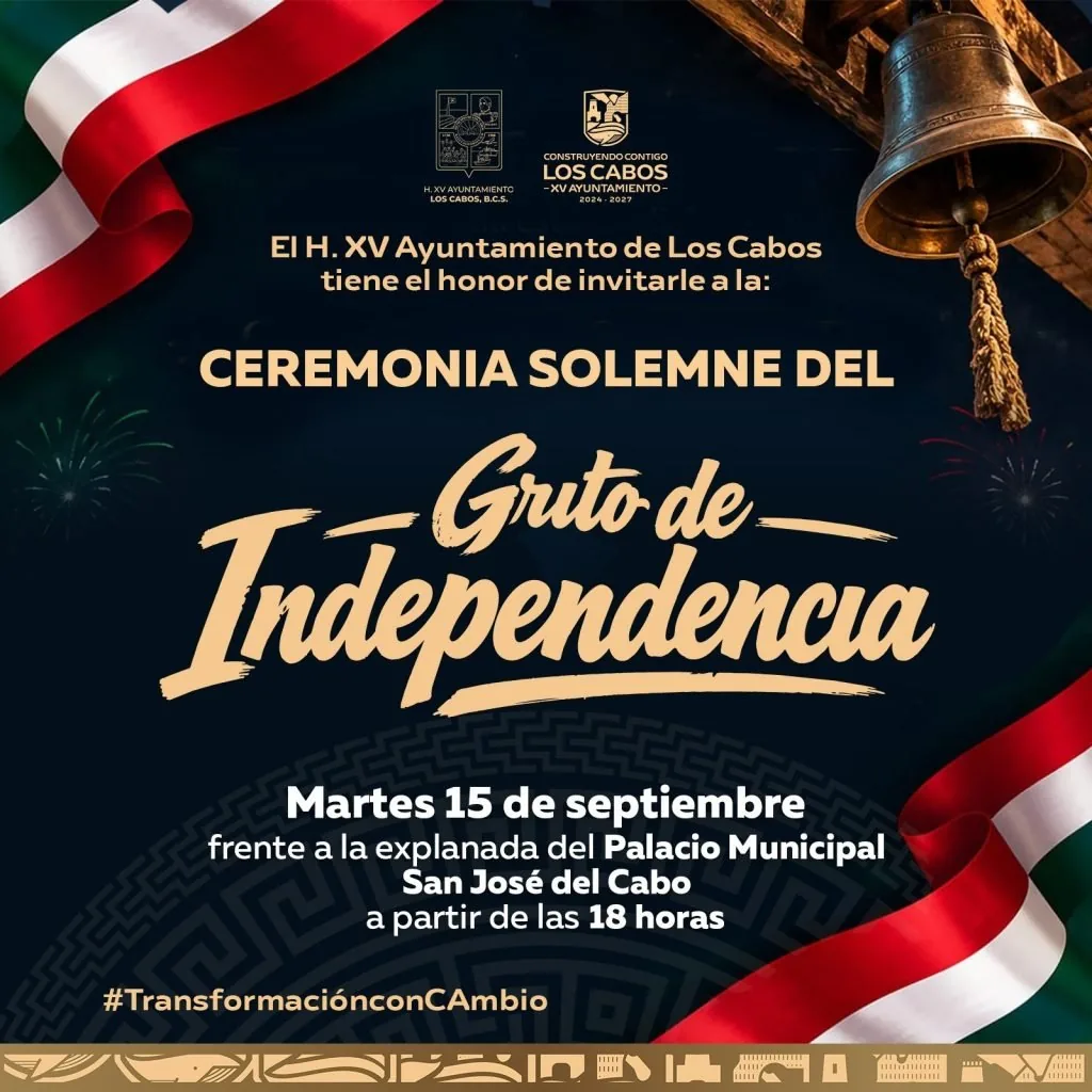 Cartel anunciando la Ceremonia Solemne del Grito de Independencia en San José del Cabo, con banderas y una campana decorativa, opción de vestigios patrios.