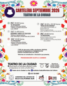 cartelera del teatro septiembre Colorful poster advertising September 2026 schedule at Teatro de la Ciudad, with show dates and ticket info.