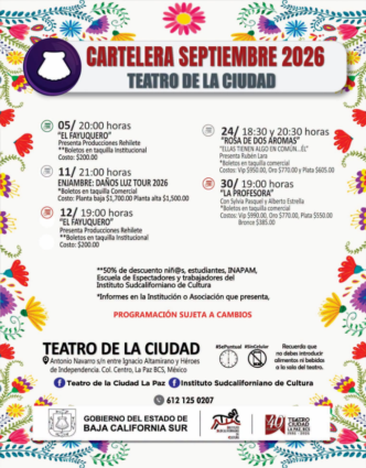 Colorful poster advertising September 2026 schedule at Teatro de la Ciudad, with show dates and ticket info.