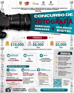 concurso de fotografia Poster for Concurso de Fotografía Derechos Humanos y Violencia Digital, con una cámara a la izquierda y premios de MXN 10,000, 8,000 y 5,000.