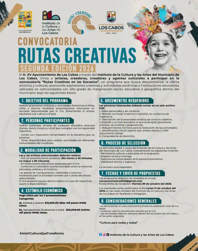 Poster for Rutas Creativas 2026 with organizational logos, a smiling child image on the right, and sections listing objectives, participation, documents, and proposal process to guide applicants.