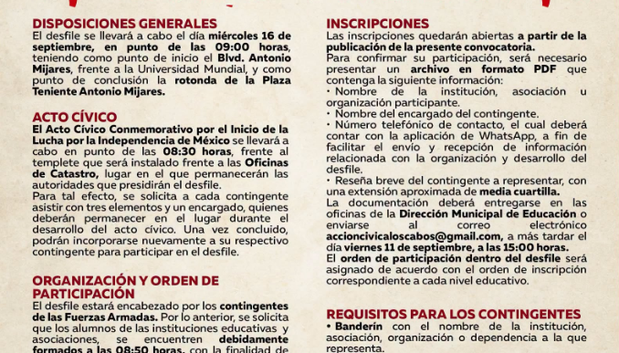 Poster for a civic-military parade in Los Cabos, featuring the title DESFILE CÍVICO-MILITAR, logos, confetti, and sections on dispositions, participation, inscriptions, and requirements.