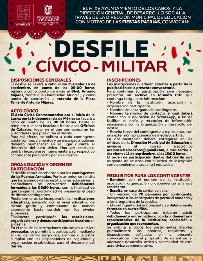 Poster for a civic-military parade in Los Cabos, featuring the title DESFILE CÍVICO-MILITAR, logos, confetti, and sections on dispositions, participation, inscriptions, and requirements.