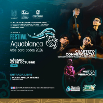 Festival Aguablanca 2026 poster featuring musicians on the right, event details in teal and white, date Saturday October 3 at 7 PM, at Plaza Amelia Wilkes in Cabo San Lucas, with organizational logos at the top.