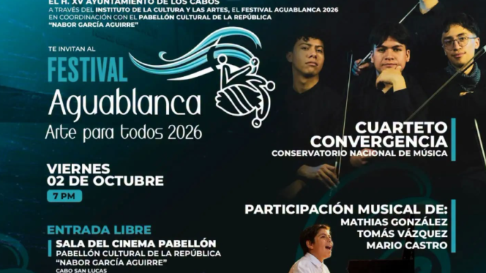Poster for Festival Aguablanca 2026 with wave graphic; text highlights: Viernes 02 de Octubre, 7 PM; Entrada libre; venue Sala del Cine Pabellón, Conservatorio Nacional de Música; Cuarteto Convergencia; participación musical de Mathias González, Tomás Vázquez y Mario Castro.