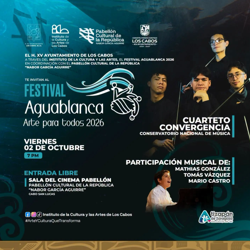 Poster for Festival Aguablanca 2026 with wave graphic; text highlights: Viernes 02 de Octubre, 7 PM; Entrada libre; venue Sala del Cine Pabellón, Conservatorio Nacional de Música; Cuarteto Convergencia; participación musical de Mathias González, Tomás Vázquez y Mario Castro.