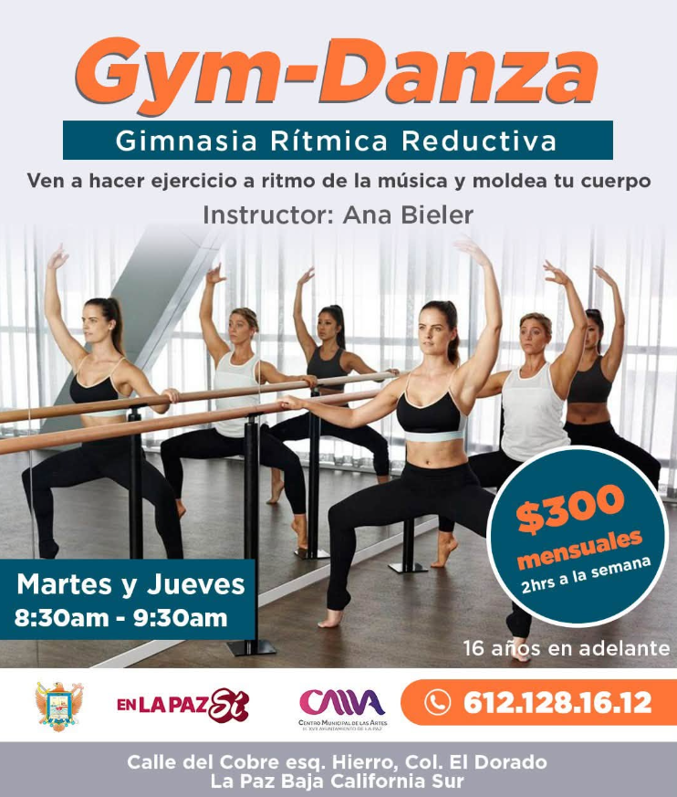 Poster for Gym-Danza: Gimnasia Rítmica Reductiva with instructor Ana Bieler; group of women at a barre in a studio.
