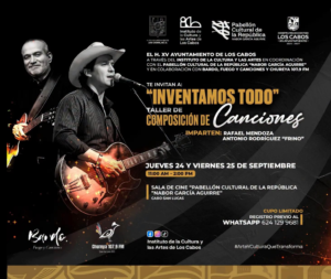 inventamos todo Poster advertising a two‑day song‑writing workshop titled 'Inventamos Todo' featuring a guitarist singing on stage with event details and logos nearby.