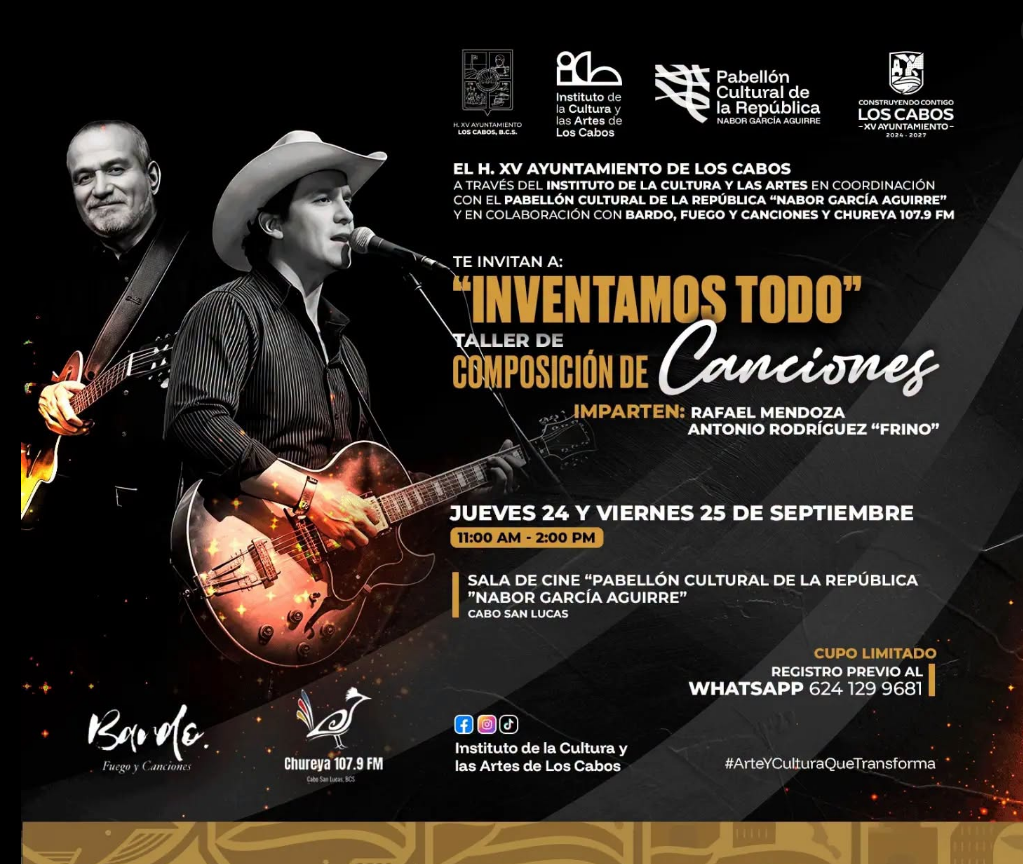 Poster advertising a two‑day song‑writing workshop titled 'Inventamos Todo' featuring a guitarist singing on stage with event details and logos nearby.