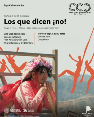 Poster for the documentary 'Los que dicen ¡no!' with event details and logos; a man in a pink outfit wearing a flowered headdress leaning on a wooden frame against a light background with orange silhouette figures nearby.