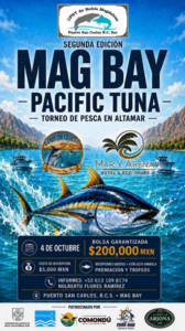 mag bay pacifica tuna Poster for Mag Bay Pacific Tuna fishing tournament showing waves, boats, and a large tuna with event title text 'Mag Bay Pacific Tuna' and sponsor logos at bottom
