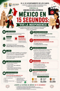 mexico en 15 de segundos Infographic poster for the 'México en 15 segundos' history reels contest, showing children with flags and a film clapperboard at the top right and event logos on the left.