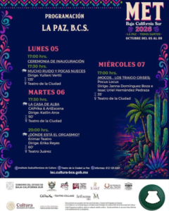 muestra estatal de teatro Cartel del festival MET La Paz 2026 con el programa: fechas 5–9 de octubre, horarios principales (17:00–20:00) y sedes como Teatro de la Ciudad, La Casa de Alba, y otros escenarios.