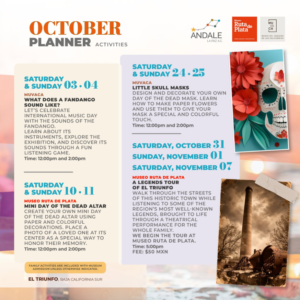 museo de ruta de plata octubre Colorful poster advertising October planner activities with event titles, dates, and times, plus decorative photos and logos in the corner.
