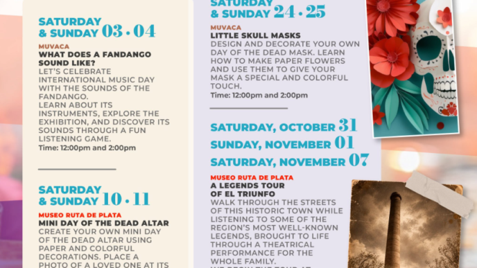 Colorful poster advertising October planner activities with event titles, dates, and times, plus decorative photos and logos in the corner.