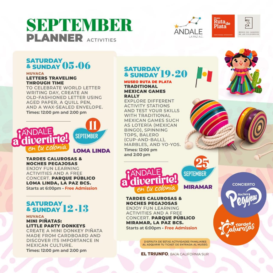 Colorful event flyer titled September Planner Activities with schedules for Sept 11 at Loma Linda and Sept 12–13, plus activities on Sept 19–20 at Miramar, with festive graphics.