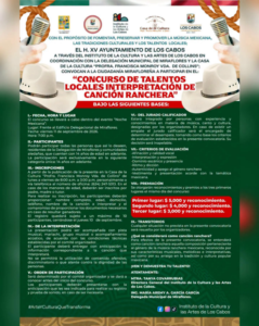 musica ranchera concurso Cartel anunciando un concurso de talentos locales para interpretación de canción ranchera, organizado por el Ayuntamiento de Los Cabos y patrocinadores culturales.