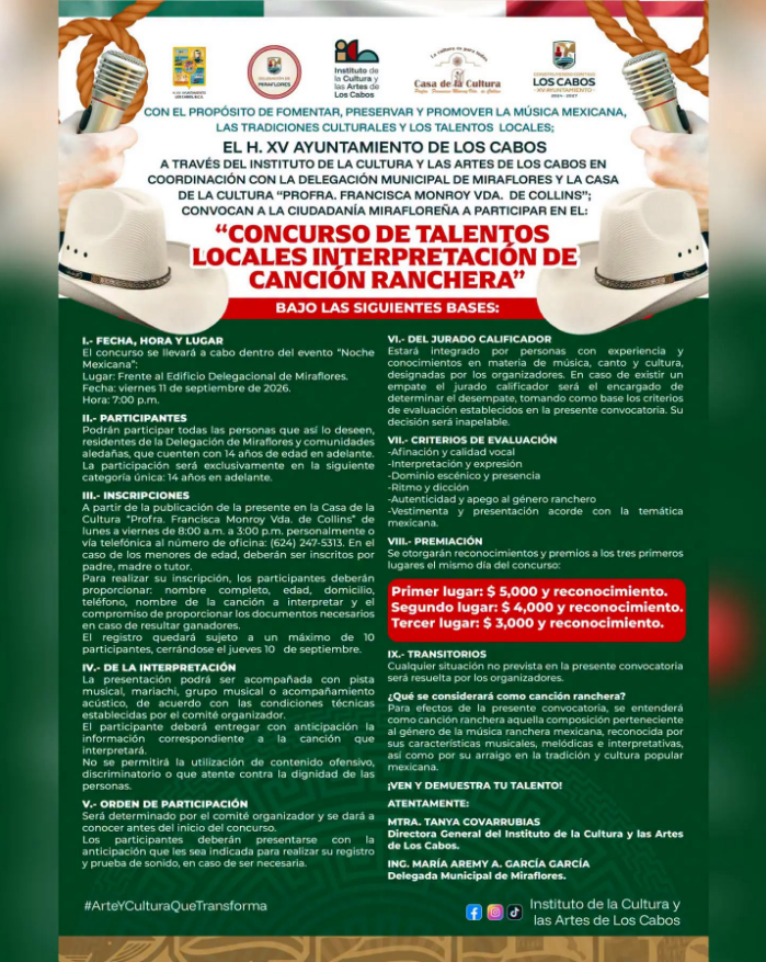 Cartel anunciando un concurso de talentos locales para interpretación de canción ranchera, organizado por el Ayuntamiento de Los Cabos y patrocinadores culturales.