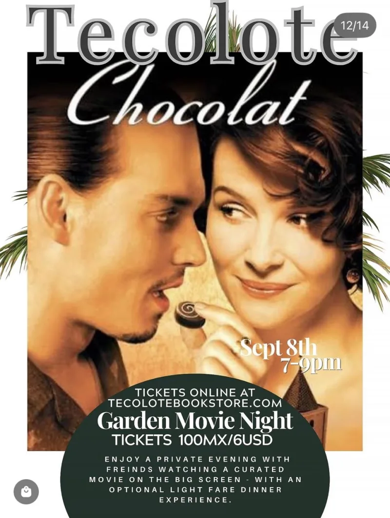 Promotional poster for Garden Movie Night: a couple about to share a chocolate, with the title Tecolote Chocolat and date Sept 8th, 7–9pm.