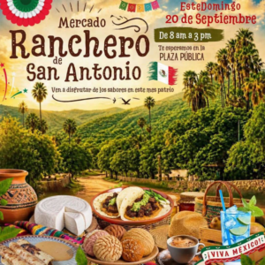 ranchero san antonio Festival poster for Mercado Rancho de San Antonio with tacos, bread, coffee, and a Mexican flag against a palm-filled landscape in the background, conveying a market event in Mexico.