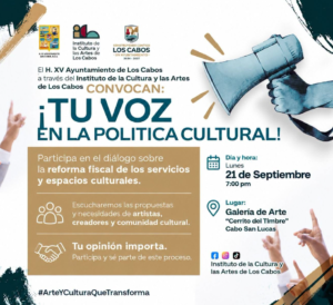 tu voz en la politica Poster invitando a participar en un diálogo sobre la reforma fiscal de los servicios y espacios culturales; contiene logos oficiales y megáfono a la derecha.
