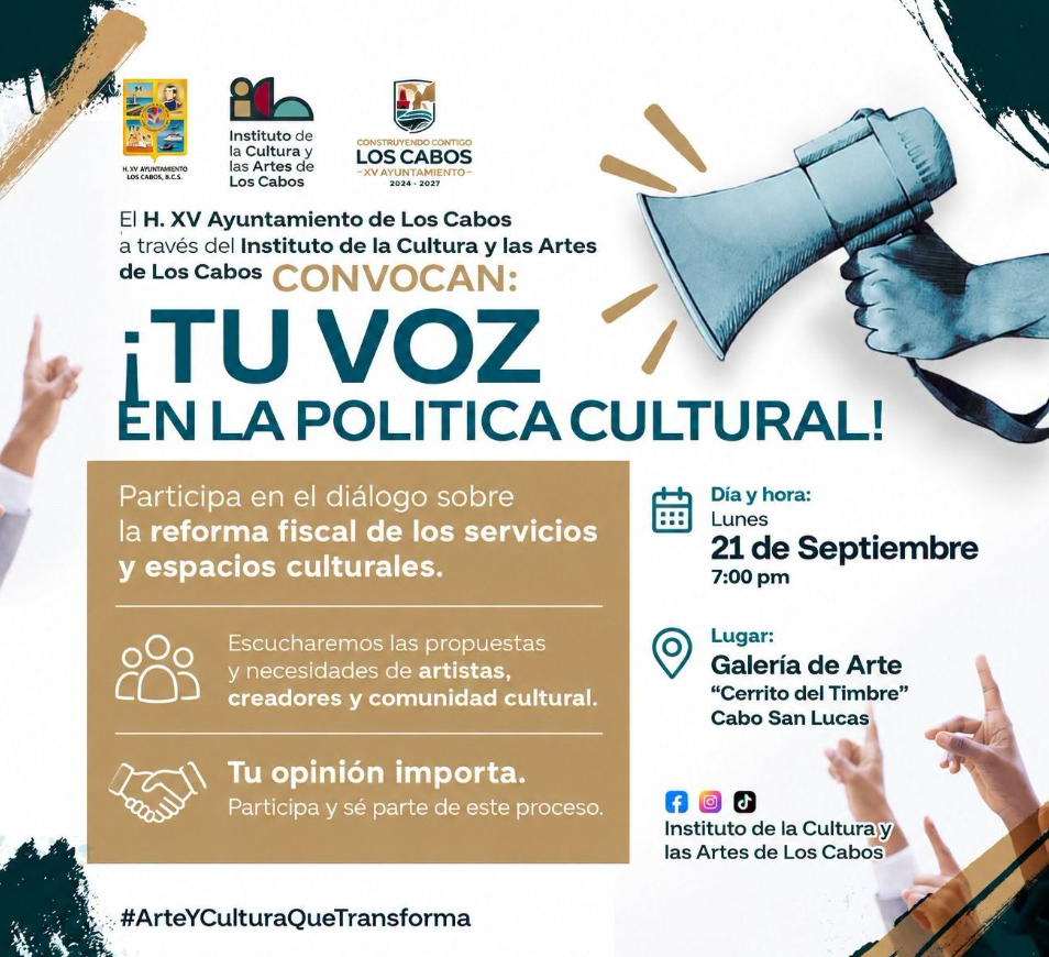 Poster invitando a participar en un diálogo sobre la reforma fiscal de los servicios y espacios culturales; contiene logos oficiales y megáfono a la derecha.