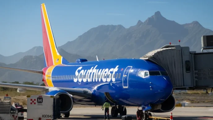 Southwest Airlines jet at gate with jet bridge attached, blue fuselage and mountainous desert backdrop
