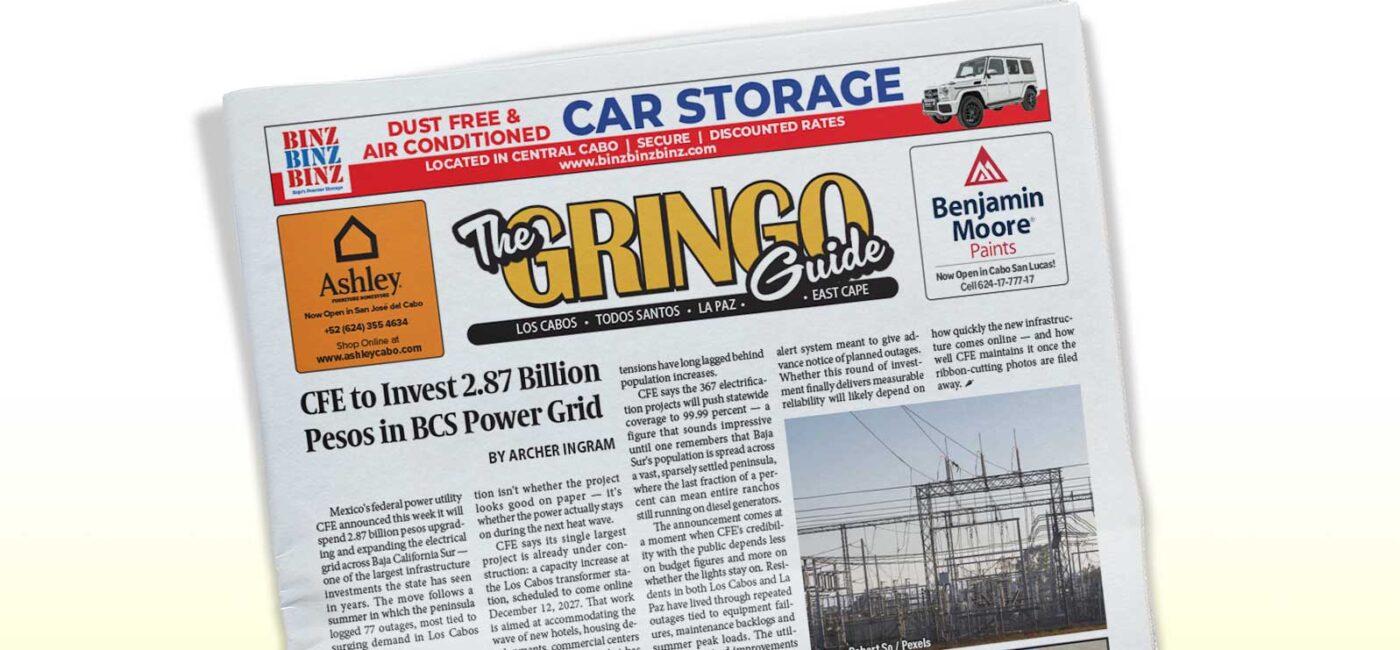Front page of a newspaper titled The Gringo Guide, showing a bold main article about a power grid and several ads along the top and sides, tilted on a white background.