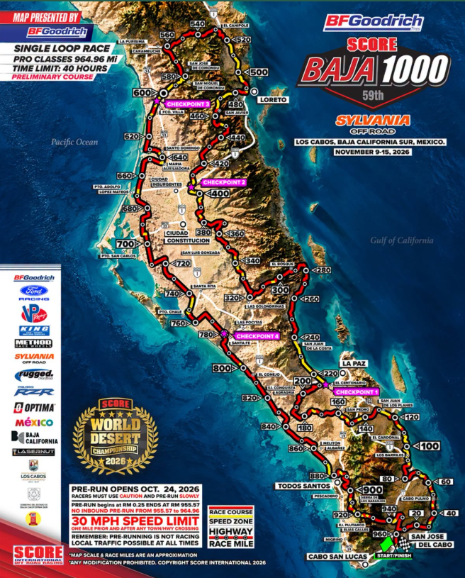 Map of the Baja 1000 off-road race route on Baja California with checkpoints and race lines