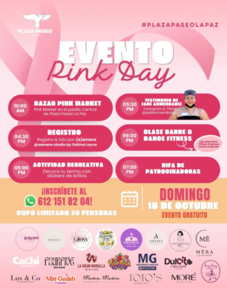 Poster for Evento Pink Day with schedule blocks in pink rounded boxes and logos at bottom; mentions Bazar Pink Market, Registro, Actividad Recreativa, Clase Barre & Dance Fitness, Testimonio, Rifa de Patrocinadores, and Sunday October 18.