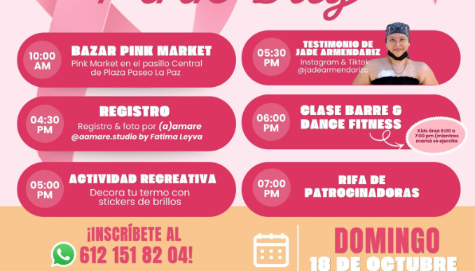 Poster for Evento Pink Day with schedule blocks in pink rounded boxes and logos at bottom; mentions Bazar Pink Market, Registro, Actividad Recreativa, Clase Barre & Dance Fitness, Testimonio, Rifa de Patrocinadores, and Sunday October 18.