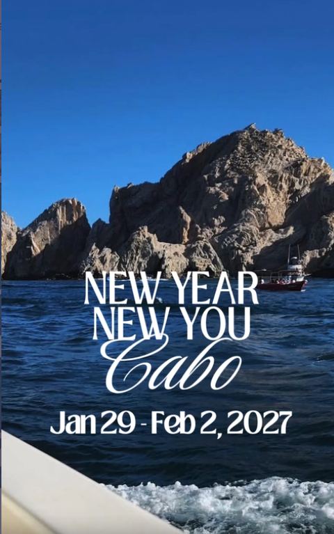 Event banner over a Cabo coast: 'New Year New You Cabo' with dates Jan 29–Feb 2, 2027 on blue ocean and rocky cliffs.