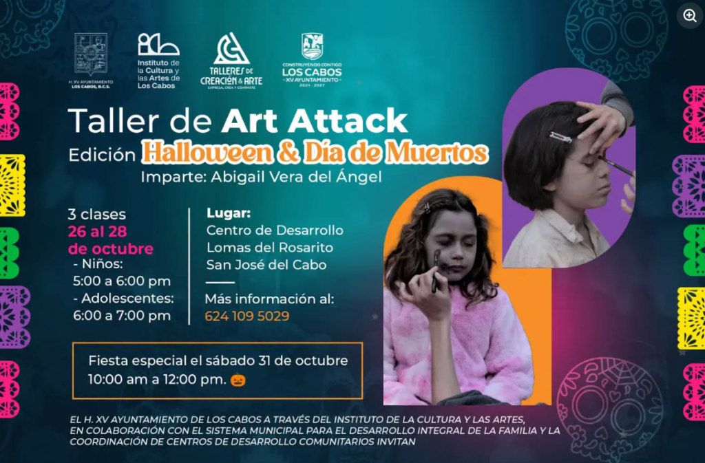 Event poster for Taller de Art Attack: Halloween & Día de Muertos, with two girls getting makeup and essential workshop details in Spanish.