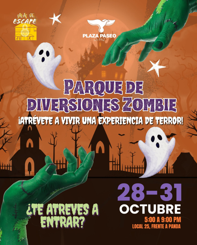 Poster for Parque de Diversiones Zombie with ghosts, a green zombie hand, and Halloween silhouettes; Oct 28–31, 5–9 PM at Plaza Paseo La Paz.