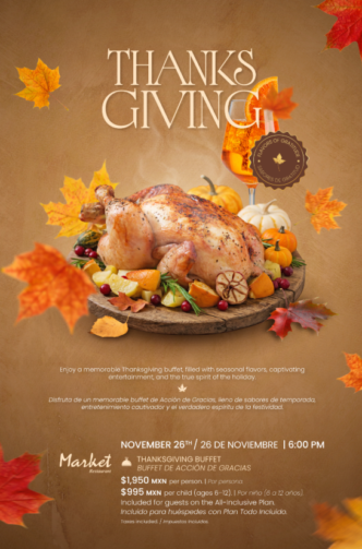 Thanksgiving promotional flyer with roasted turkey on a wood platter surrounded by autumn leaves and pumpkins