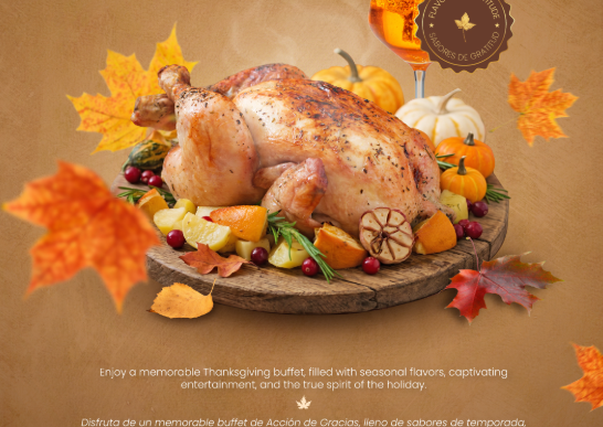 Thanksgiving promotional flyer with roasted turkey on a wood platter surrounded by autumn leaves and pumpkins
