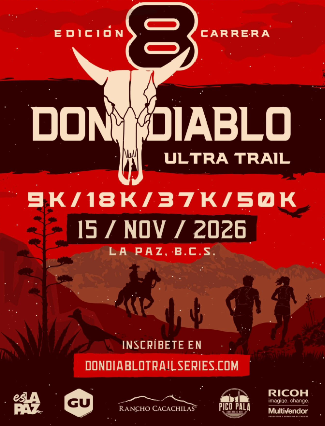 Poster for the Dondiablo Ultra Trail, Edition 8, featuring a longhorn skull over a red desert landscape with runners; date 15 Nov 2026 in La Paz, B.C.S. Distances listed: 9K, 18K, 37K, 50K.