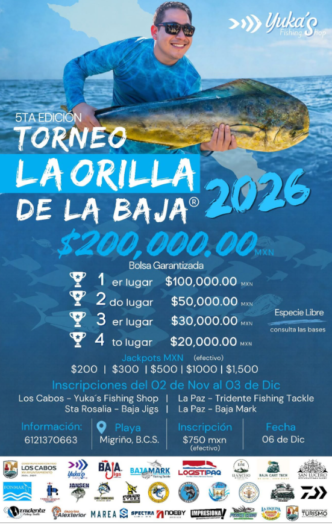 Promotional poster showing a man in blue shirt holding a large swordfish over the ocean; text announces the 5th edition of the Torneo La Orilla de la Baja 2026 and prize amounts.